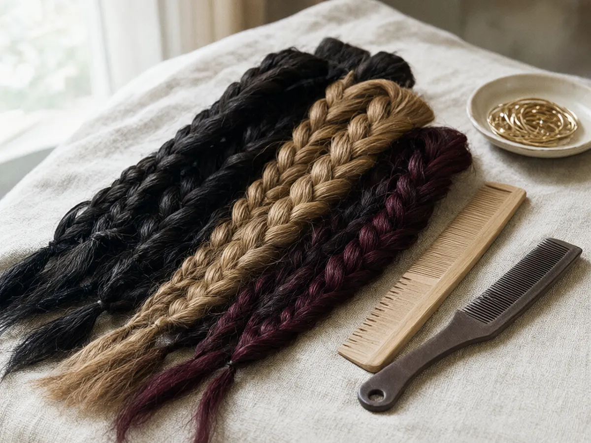 Bundles of braiding hair in black, brown, honey blonde and burgundy on cream linen