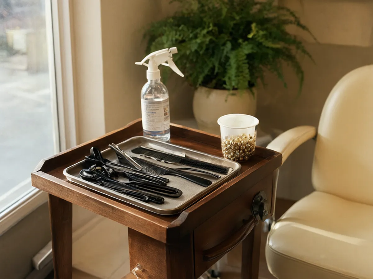 A braiding cart with clips, combs, a spray bottle and gold beads beside a cream chair