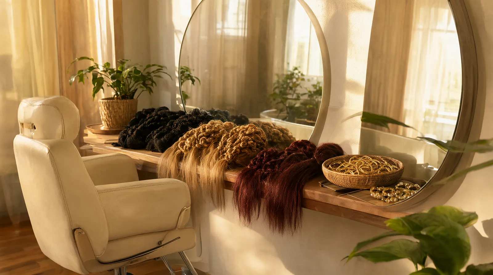 A sunny braiding studio with a cream chair, a round mirror and shelves of braiding hair