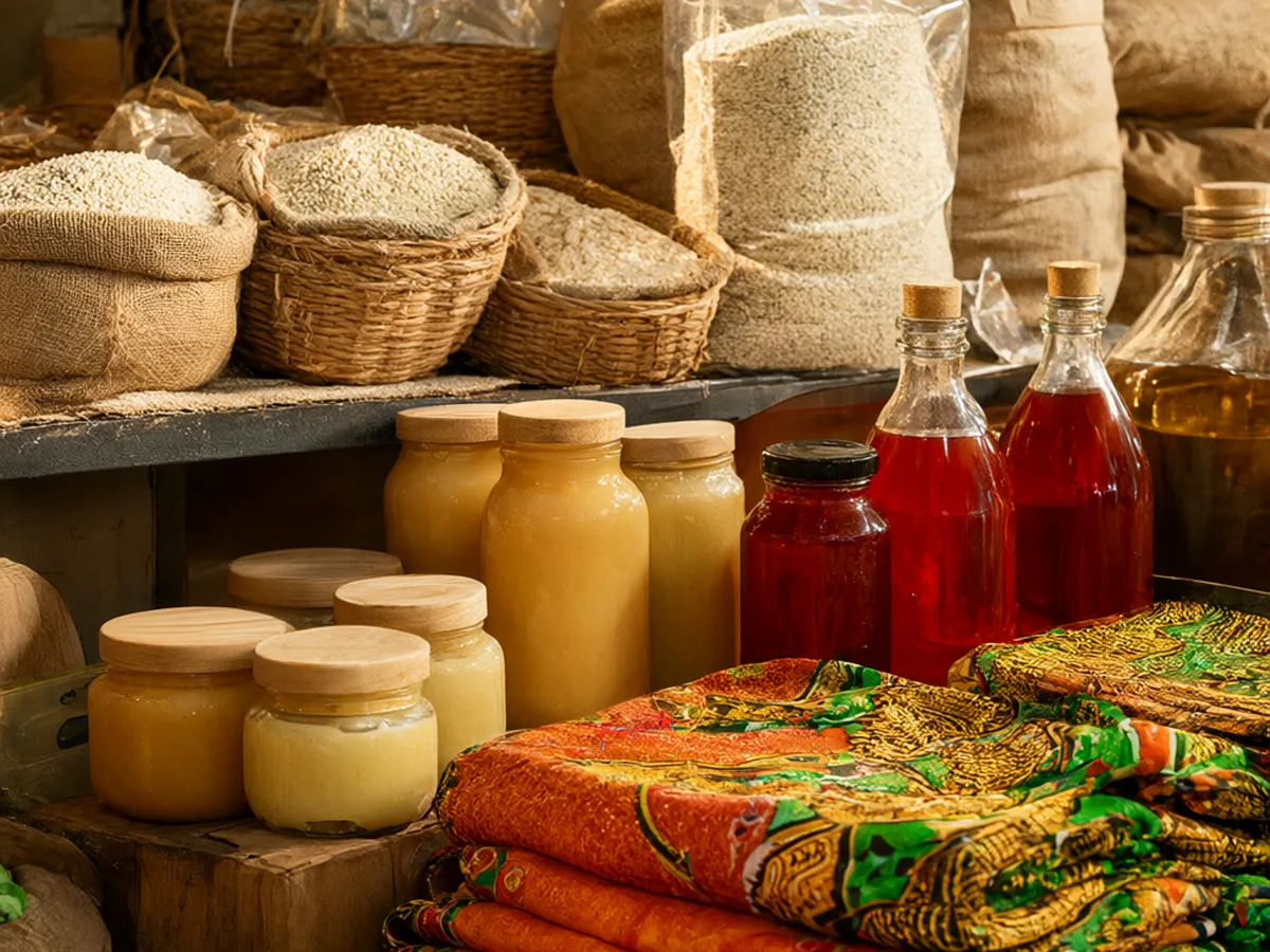 A shelf of woven baskets, burlap bags, shea butter jars and bright wax-print fabric